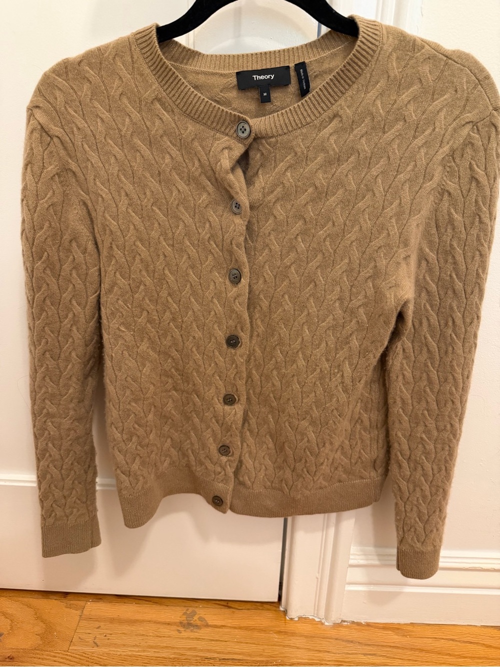 Theory Camel Cable-Knit Cashmere-Blend Cardigan